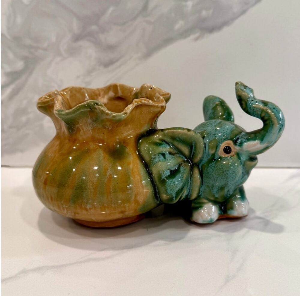 Majolica Glazed Elephant Planter Vintage 50s Ceramic Pottery Succulent Pot Vase
